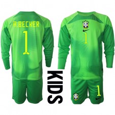 Brasilien Alisson Becker #1 Målvakt Bortaställ Barn VM 2022 Långa ärmar (+ Korta byxor)